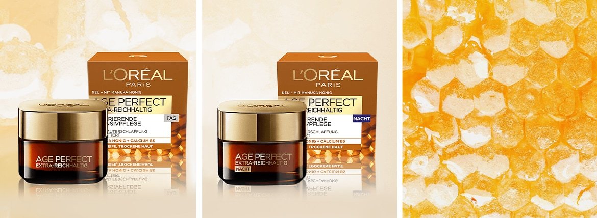 Cremedosen der Age Perfect Zell Ranaissance Tages- und Nachtpflege, daneben Nahaufnahme von Honigwaben